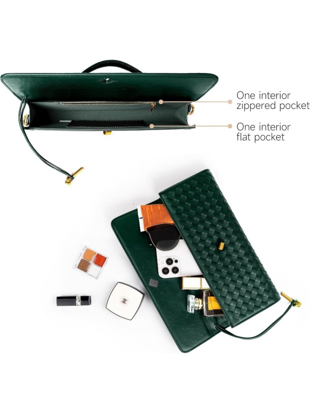 Women Emerald Green Woven Leather Clutch Vegan Purse Formal Crossbody Handbags - Picture 5 of 7